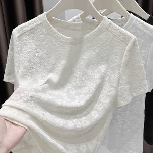 TEMU 우아하고 트렌디한 신상 봄/여름 여성 레이스 자카드 플로럴 숄더 단색 라운드넥 신상 중국 스타일 라이트 네셔널 스타일 디자인 다용도 캐주얼 반팔 티셔츠