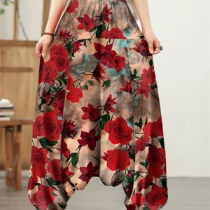 TEMU 플러스 사이즈, 새로운 패션 우아한 와이드 레그 팬츠 사이드 포켓, 빈티지 플로럴 프린트 트라우저, 캐주얼 루즈 팬츠, 에스닉 스타일 하렘 팬츠