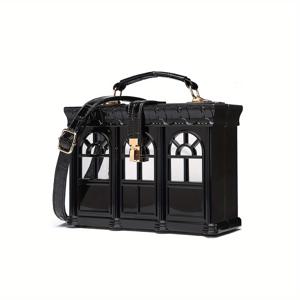 TEMU 세련된 블랙 하우스형 핸드백 - 조절 가능한 스트랩이 있는 여성용 이브닝 클러치, 내구성 PVC 소재와 폴리에스터 안감