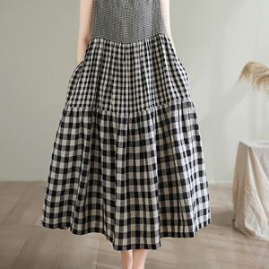 TEMU 여성용 일본식 한국 스타일 블랙 & 화이트 체크 무소매 A라인 드레스 - 루즈핏 롱 맥시 포켓, 라운드넥 캐주얼 시크 사계절 기계 세탁 가능 플로우리 원단 가운