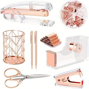 TEMU 9pcs Rose Golden Desktop Acssories Set, Offi Supplies Kit with Acrylic Stapler, Tape Dispenser, Ballpoint Pen, Scissors, Binder Clips/Paper Clips, and Staples, Suitable for Gifting
