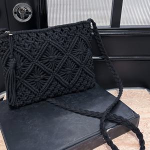 TEMU 여성 스타일 핸드메이드 직조 숄더백 - 가벼운 여름 해변 클러치, 태슬 디테일, 크로스바디 디자인, 지퍼 잠금, 안감, 카키/화이트/블랙 기하학 패턴, 여행 및 캐주얼 외출, 비치백에 적합.