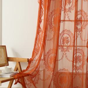 TEMU 1개 프렌치 컨트리 오렌지 플로럴 레이스 커튼 - 반투명, 로드 포켓 디자인, 세탁기 사용 가능한 폴리에스터 거실 장식용 커튼