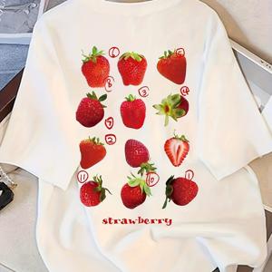 TEMU 어린이용 딸기 프린트 여름 티셔츠 - 루즈핏 반팔 라운드 넥 탑, 생동감 있는 과일 디자인, 통기성 좋고 세탁기로 빨 수 있음