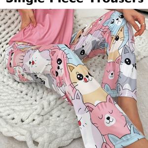 TEMU 아기 고양이 프린트 바지, 신기한 특별한 잠옷, 봄/여름에 적합, 여성 캐주얼 라운지웨어