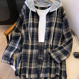 TEMU 여름/겨울 시즌 여성용 격자 무늬 후드 셔츠, 따뜻하고 캐주얼한 스타일리시한 긴소매 블라우스 코트. 버튼 앞면 디자인으로 직장 및 레저 활동 모두에 적합하며 할로윈 및 크리스마스 축제에 완벽합니다.
