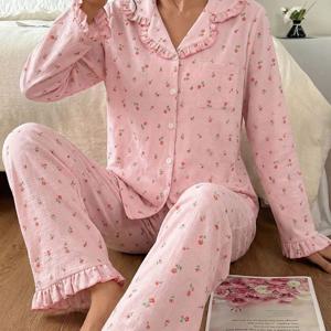 TEMU 여성용 2피스 긴팔 러플 트림 칼라 버튼 프론트 파자마 - 플로럴 프린트 나이트가운 & 매칭 팬츠, 봄 여름 가을 수면복 (논스트레치) 2피스 세트