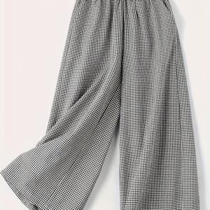 TEMU 플러스 사이즈 - 플러스 사이즈 - 우아한 플러스 사이즈 빈티지 체크 와이드 레그 팬츠 - 사선 포켓, 탄성 허리 밴드, 흑백 체크 패턴, 루즈핏이 특징인 가벼운 캐주얼 트라우저, 데일리 편안함에 적합