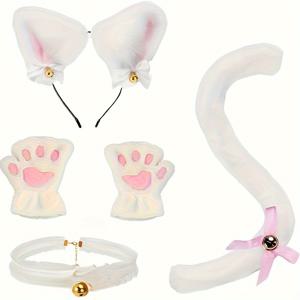 TEMU 5개 귀여운 고양이 역할 놀이 세트 | 헤어밴드, 장갑, 목걸이, 검은색과 흰색 고양이 장식의 꼬리 포함 | 동물 테마 파티 및 고급스러운 발렌타인데이 선물로 완벽