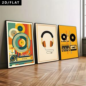 TEMU 2D 플랫, 2D 플랫, фонограф, 라디오, 헤드폰을 특징으로 하는 플랫 아트 3점 세트, 바이닐 레코드 및 카세트 테이프 포함. 이 레트로 음악 테마 캔버스 포스터는 음악 교실, 호텔, 바를 장식하기에 완벽합니다.