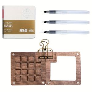 TEMU [2D 플랫] 6개 미니 수채화 키트 (나무 자석 팔레트 상자, 브러쉬 3개, 클립 1개, 휴대용 스케치북 포함) - 여행용 수채화 그림, 휴대용 스케치북|생생한 아트 세트|내용물 없는 스케치북, 펜 잉크 없음에 적합