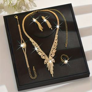 TEMU 우아한 라인스톤 나비 모양 주얼리 세트 - 실버/골드 목걸이, 팔찌, 귀걸이, 반지 세트, 웨딩 브라이덜 주얼리 여성용