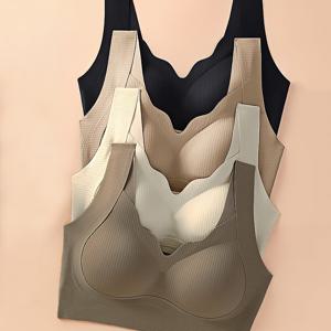 TEMU 여성용 심리스 와이어리스 V넥 브라 4종 세트, 통기성 좋고 편안함, 풀 커버리지, 베이지색 및 블랙 색상, 탈착식 패드 포함, 나일론 혼방 소재, 성숙한 스타일, 세탁기 사용 가능
