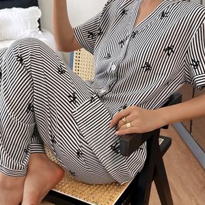 TEMU 블랙 앤 화이트 보우 프린트 베이스볼 칼라 반팔 버튼업 상의와 팬츠 파자마 라운지웨어 세트, 사계절 착용 가능