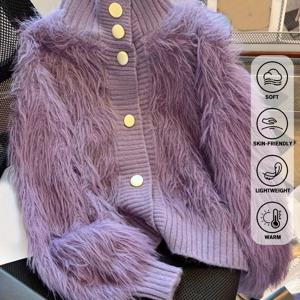 TEMU 가을, 겨울용 부드러운 인조 소재의 한국 스타일 플러시 가디건. 플레어 트림과 진주 모양의 버튼이 특징이며 편안한 하이넥 재킷입니다.