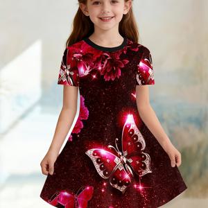 TEMU 3D 레드 나비 프린트가 돋보이는 여아용 반팔 원피스. 야외 활동 및 휴일 외출에 완벽하며, 스타일리시하고 포근한 편안한 라운드넥 디자인입니다.