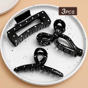 TEMU 여성용 블랙 물방울무늬 헤어 클로 3개 세트 (사각형, 리본, 모양), 스타일리시하고 활용도 높은 대형 헤어 클립. 데일리 캐주얼, 쇼핑, 파티, 데이트에 적합. 여성용 헤어 액세서리, 발렌타인데이 헤어 장식, 선물