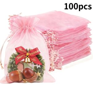 TEMU 그녀/그를 위한 선물용 골든 핑크 오간자 巾끈 주머니 100개 - 아름다운 투명 주얼리 선물 가방, 휴일, 결혼식, 파티, 발렌타인데이, 크리스마스 선물, 할로윈에 적합, 사이즈 3x4인치