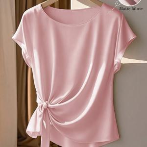 TEMU 플러스 사이즈, Chizhaoxue 플러스 사이즈 여성용 우아한 반팔 라운드 넥 러플 트림 타이 보우 블ouses, 카키, 봄 여름용