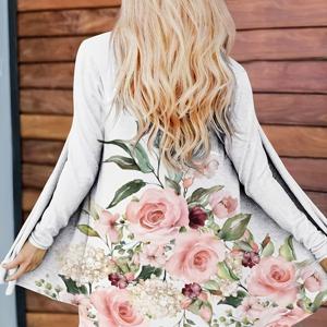 TEMU 여성용 플로랄 프린트 오픈 프론트 가디건 - 핑크 장미 & 그린 잎사귀 디자인, 캐주얼 시크 긴팔 스웨터, 봄/가을 레이어링 피스, 일상 및 홈 아웃팅용, 편안한 핏, 부드러운 소재, 통기성 좋은 원단, 트렌디한 스타일, 패션