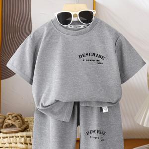 TEMU 반팔 세트 여름 신상 한국 스타일 와플 옷 남아 여아 공용 의류 투피스 세트, 야외용