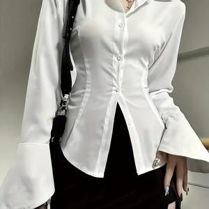 TEMU 세련된 여성용 긴팔 셔츠. 단색감을 연출하며, 독특한 뒷면 타이 및 앞면 버튼 장식이 돋보입니다. 핏이 잘 맞고 매력적이여서 소셜 모임 및 여행에 완벽합니다.