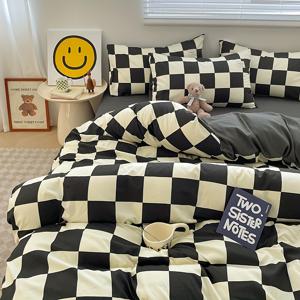 TEMU 4피스 이불 세트 (1*이불 커버 + 1*침대 시트 + 2*베개커버, 이불 코어 제외), 흑백 체크무늬 프린팅 침구 세트, 부드럽고 편안한 사계절용 이불 커버, 침실 및 게스트룸에 적합