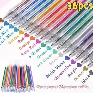 TEMU 36개 컬러 변환 글리터 펜 (흐르는 모래, 반짝이는 작은 별 포함), 젤 펜, 오로라 샤이닝 펜, 저널링 및 드로잉용 형광 마커