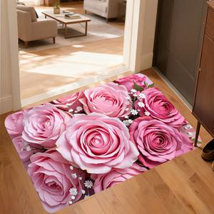 TEMU 2D 초극세사 부드러운 핑크 장미 정원 플란넬 러그 1개. 미끄럼 방지 기능이 있으며 내구성이 뛰어나고 세탁기 사용이 가능합니다. 거실, 침실, 주방, 욕실 및 현관에 적합하며 홈 데코에 이상적입니다.