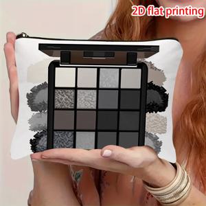 TEMU 화장품 가방 1개, 2D 평면 프린팅, 블랙 지퍼와 아이섀도우 팔레트 그래픽이 있는 화이트 직사각형 파우치 (화이트, 그레이, 다크 그레이, 블랙 색상), 휴대용 메이크업 정리함, 여행용, 데일리용, 여성을 위한 선물, 2D 평면