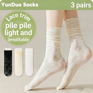 TEMU 3켤레 여성용 여름 얇은 와이드 밴드 양말 – 속이 빈 플로럴 레이스 메시 디자인, 봄/여름 캐주얼, 파티, 하이킹, 여행, 스포츠 (멀티 컬러 팩), 다용도 아이스 통기성 쿨 양말