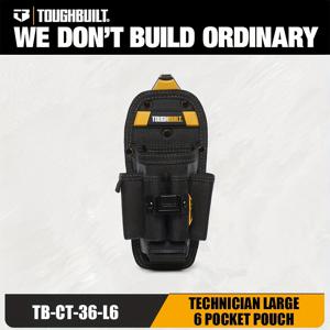 TEMU TOUGHBUILT TB-CT-36-L6 기술자용 6포켓 파우치는 블랙 색상의 대형 클립테크 파우치이며, 8개의 전문가용 칸막이와 플라이어를 위한 조절 가능한 하단 포켓이 특징입니다.