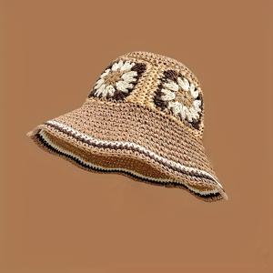 TEMU 스타일 패셔너블 핸드메이드 플로럴 스트로우 모자, 빈티지 컬러 블록 디자인과 가벼운 접이식 기능. 일상 착용, 야외 여행 또는 축제 파티에 완벽한 여성 선물