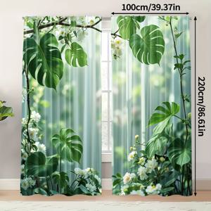 TEMU 현대적인 그린 대나무 & 거북이 등잎 프린트 커튼 2개 세트, 아르데코 스타일, 침실/주방/거실용 빛을 통과하는 디자인, 로드 포켓, 배터리 불필요, 자연 영감 장식 | 부드러운 질감 패브릭, 거북이 데코