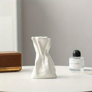 TEMU 크림색 주름 무늬 비정형 천 가방 세라믹 화병, 드라이 플라워 화병, 거실 테이블 장식용 소품