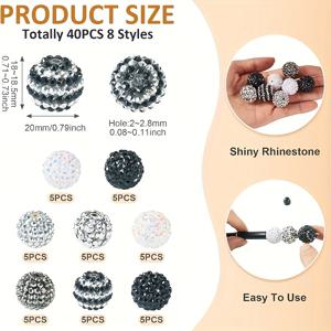 TEMU 40개 레진 라인스톤 포컬 비즈, 20mm 반짝이는 디스코 볼 비즈, 은색 블랙 화이트 아크릴 청키 гум볼 비즈 (주얼리 제작 키체인 팔찌 목걸이용)