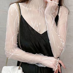 TEMU 여성용 섹시한 시스루 메쉬 긴팔 탑 - 하이넥 레이스 같은 투명 레이어링 셔츠, 봄 여름 가을용 경량 통기성 베이스 레이어, 다용도 내외복, 우아하고 세련된 스타일, 레이스 긴팔 상의, 계절 패션, 섬세한 원단, 섬세한 메쉬, 스타일리시 블라우스, 캐주얼 웨어, 레이스 블라우스, 부드러운 질감, 시스루 블라우스, 패션 애호가들을 위한