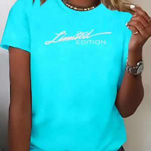 TEMU 여성용 터키스 블루 우아한 라운드넥 반팔 티셔츠 - 한정판 커서스 레터링 & 넘버드 프린트, 통기성 폴리에스터 캐주얼에서 세미포멀 봄 여름 블라우스, 세탁기 사용 가능 터키스 탑