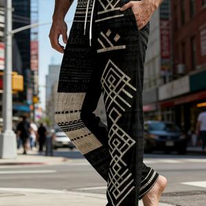 TEMU 남성용 여름 에스닉 스타일 3D 프린트 와이드 레그 팬츠 - 캐주얼 루즈핏, 기하학 패턴, 드로스트링 허리, 해변 및 야외 레저용, 트렌디한 유럽 및 미국 청년용 비치 팬츠
