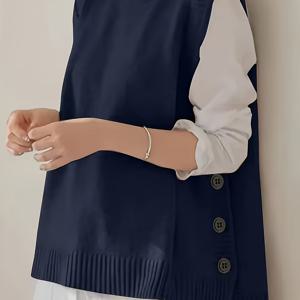 TEMU 플러스 사이즈, 봄, 가을, 겨울 심플 베이직 캐주얼 우아한 성숙한 여성용 유럽&미국 스타일 탑 레이디스 베스트 솔리드 컬러 민소매 버튼 헴 슬릿 라운드넥 플러스 사이즈 베스트