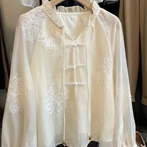 TEMU 여성용 자카드 레이스 셔츠, 중국 스타일, 버튼 매듭, 우아한 자수, 스탠드 칼라 및 넥타이가 있는 2025년 신상 디자인, 빈티지 블라우스