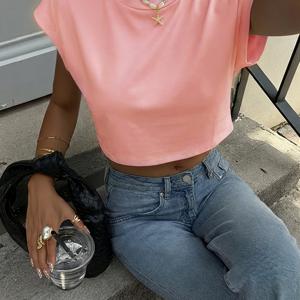 TEMU Y2K 스타일 솔리드 컬러 크롭 티셔츠 루즈 폴리에스터 라운드넥 반팔 스트리트웨어 여성 의류