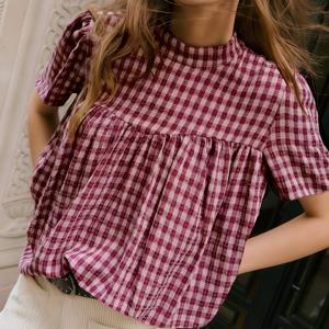 TEMU 여성을 위한 우아한 프렌치 체크 반팔 탑, 퍼프 스커트 모양으로 디자인되어 일상복, 휴가 모임, 축제 파티에 완벽합니다.