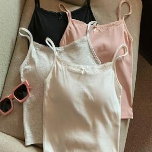 TEMU 리본과 레이스 트림, 내장형 패드 브라, 오픈백 디자인이 있는 청소년용 민소매 캐미솔 탱크탑 4개 세트