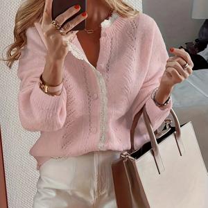 TEMU 여성용 젠틀 스타일 숏 스웨터, 레이스 가디건 재킷, 상의