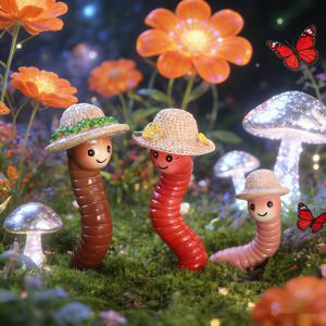 TEMU 3개 귀여운 지렁이 가족, 초가리개 모자 포함 | 매직 가든 3D 레진 미니어처 조각상, 지향적인 향이 나는 새로운 봄 정원 장식, 파티오, 잔디밭, 화분 및 야외 장식품에 적합