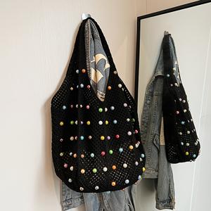 TEMU 여성용 게으른 해변 휴가 직조 가방, 여름 진주 속이 빈 겨드랑이 가방, 대용량 출퇴근 숄더 토트