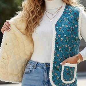 TEMU 가을/겨울 여성 플로럴 민소매 조끼, 레드 배경에 플로럴 패턴, 흰색 테두리 및 포켓, 플러시 소재 내부, 레트로 스타일, 편안하고 따뜻함, 캐주얼 출퇴근 데일리 여행 선선한 분위기 조끼 재킷