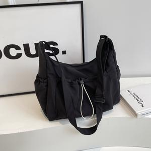 TEMU 여성용 솔리드 컬러 드로스트링 멀티포켓 대용량 크로스바디백, 트렌디 숄더 커뮤터 캐주얼 대학생 핸드백