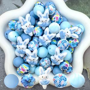 TEMU 33개 실리콘 구슬 - 춤추는 토끼 봄/여름 테마, 블루 플로럴 프린트, 신선한 블루 톤의 둥근 구슬. 주얼리 장식용, 귀걸이, 목걸이, 가방 체인, 구슬펜, 휴대폰 고리, 구슬 메이크업 브러시 등 DIY 공예용 구슬 액세서리. 친구와 가족을 위한 가장 멋지고 사랑스러운 봄/여름 선물 세트